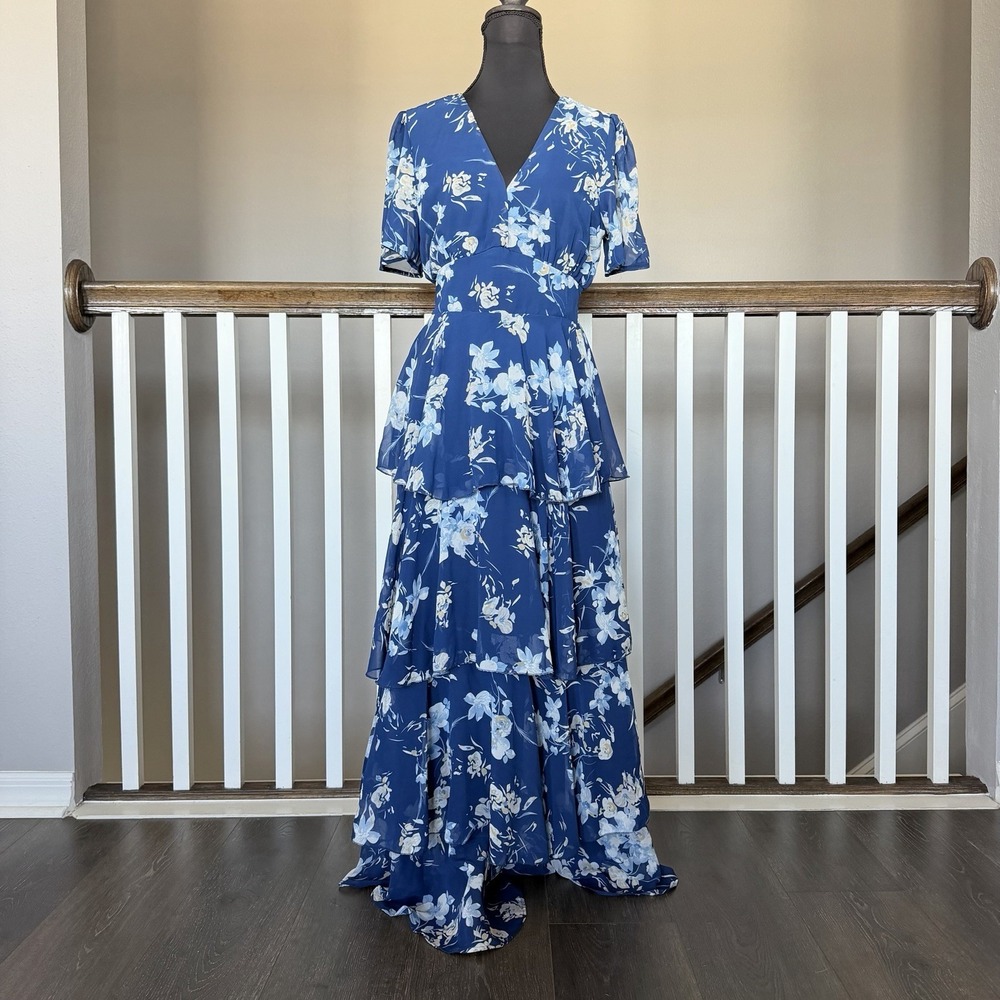 Baltic Born Montaigne Ruffle Floral Dress Medium Blue Whimsical Feminine Wedding